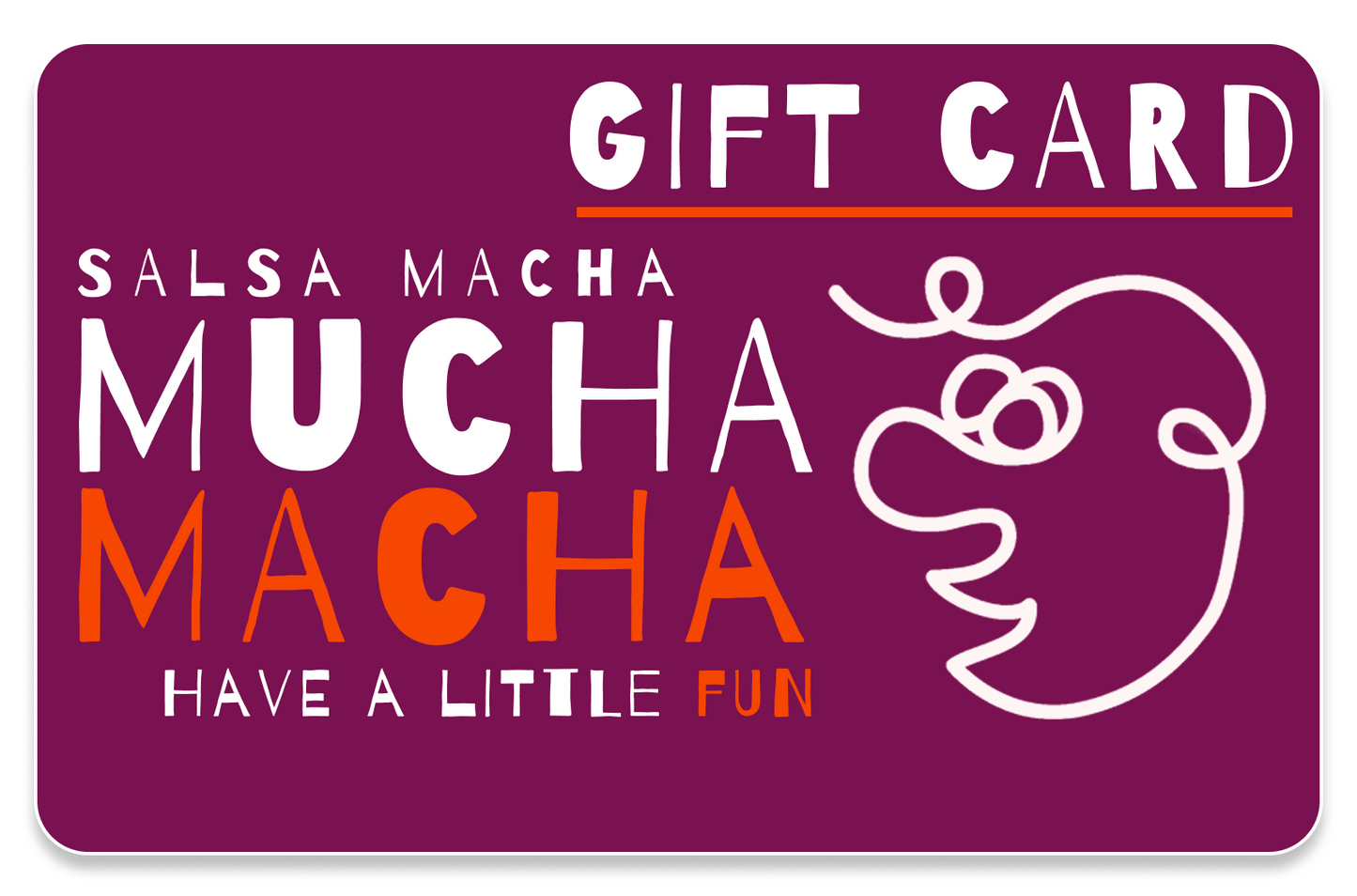 Gift card with 'Salsa Macha Mucha Macha' text and a dancing figure on a purple background