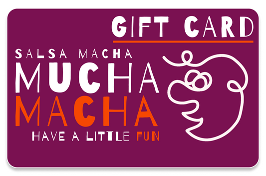 Gift card with 'Salsa Macha Mucha Macha' text and a dancing figure on a purple background