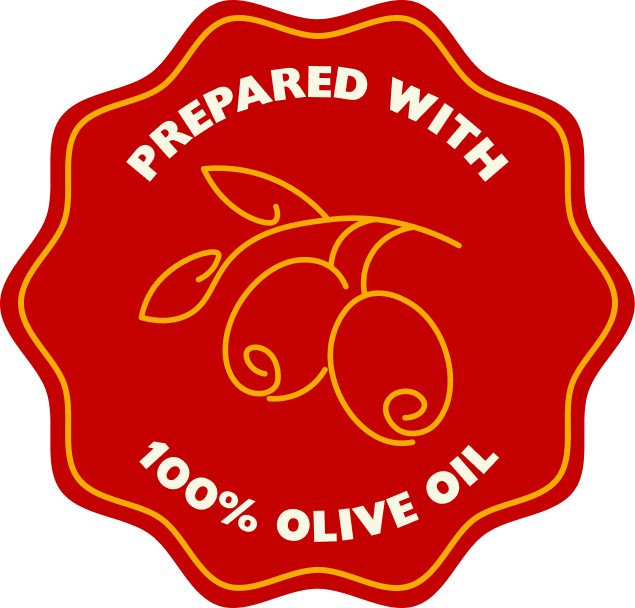 A red badge-style graphic with a yellow outline and white text reading “PREPARED WITH 100% OLIVE OIL,” plus an olive branch illustration in the center.