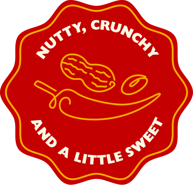 A red scalloped badge-style graphic with yellow border lines and white text reading “NUTTY, CRUNCHY AND A LITTLE SWEET,” plus a yellow outline drawing of a peanut and a chip.
