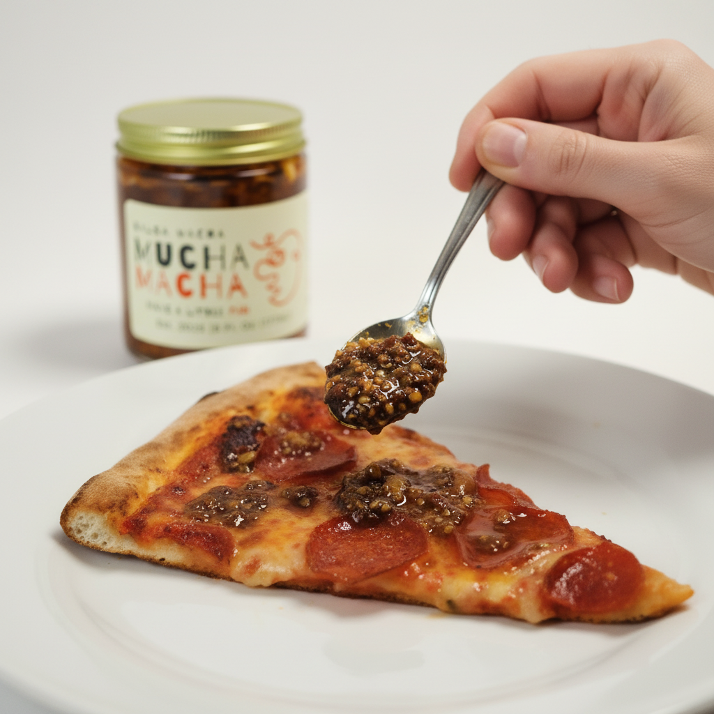 Spoon adding Mucha Macha to a slice of pizza with a jar labeled 'Mucha Mucha' in the background.