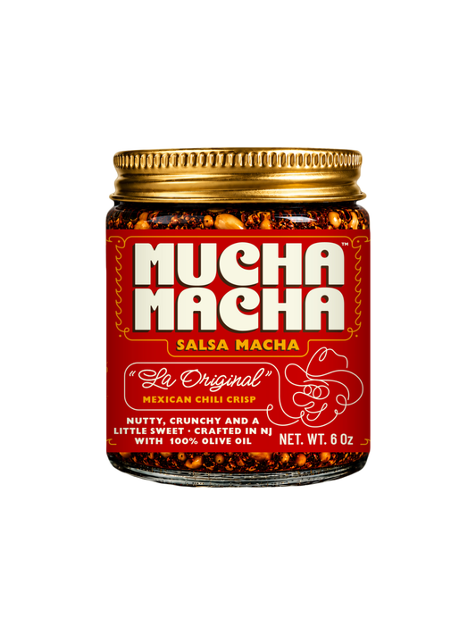 Jar of Mucha Macha Salsa Macha on a white background